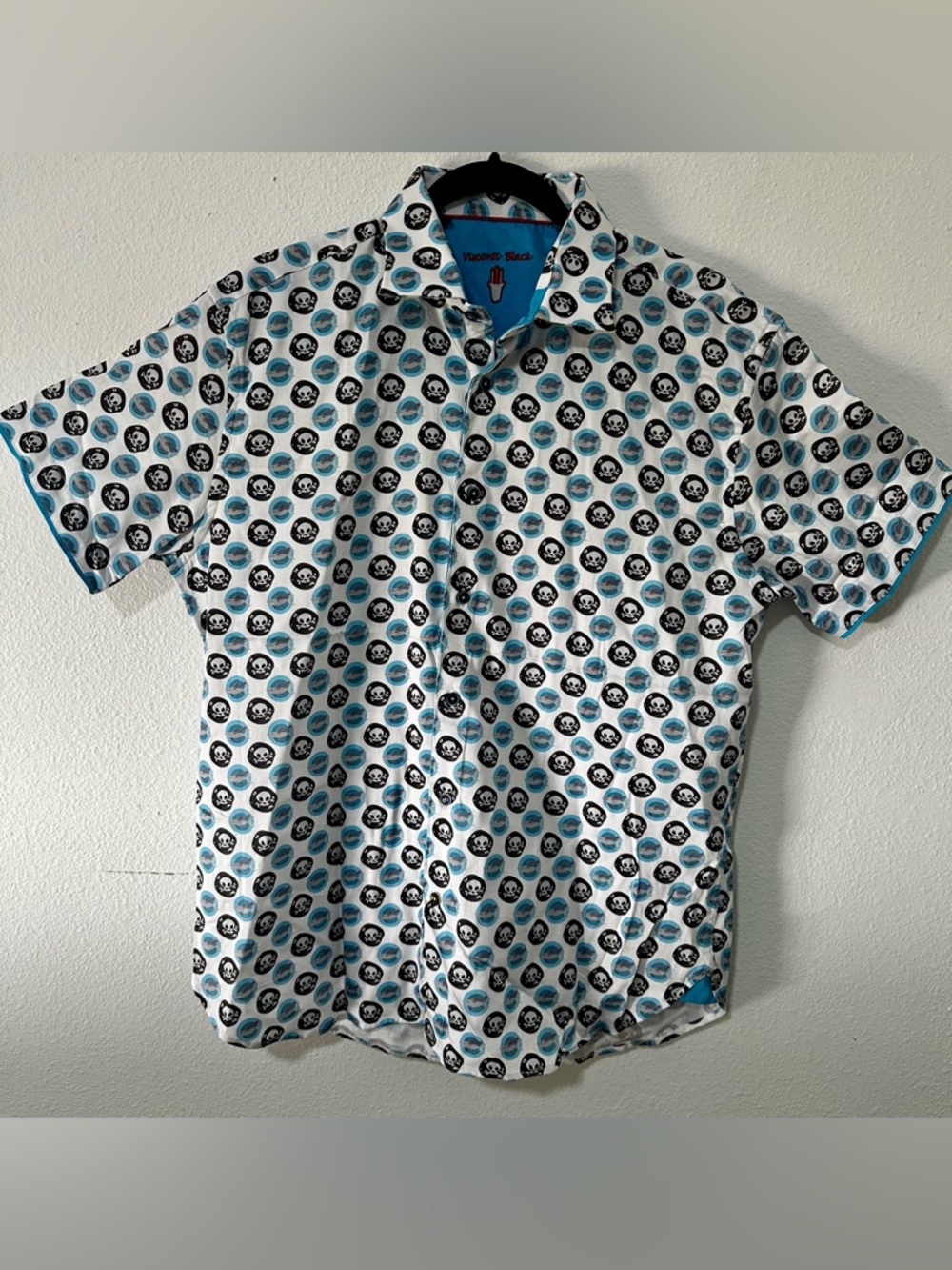 Men’s Short Sleeve Skull Print Shirt Blue – Visconti Black – Size L